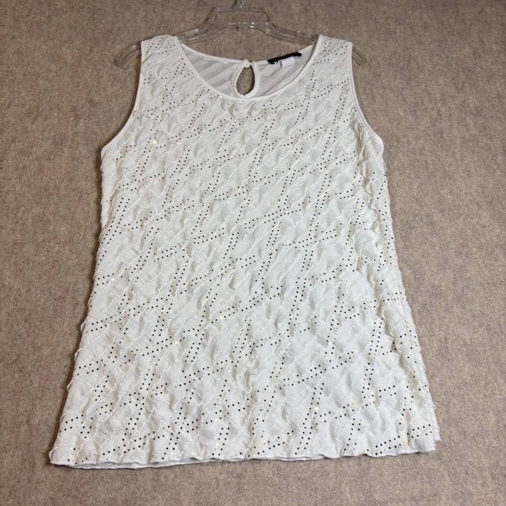 Janeric Tank Top Women Large White Poly Spandex Ruffle Sequin Chic Party Blouse